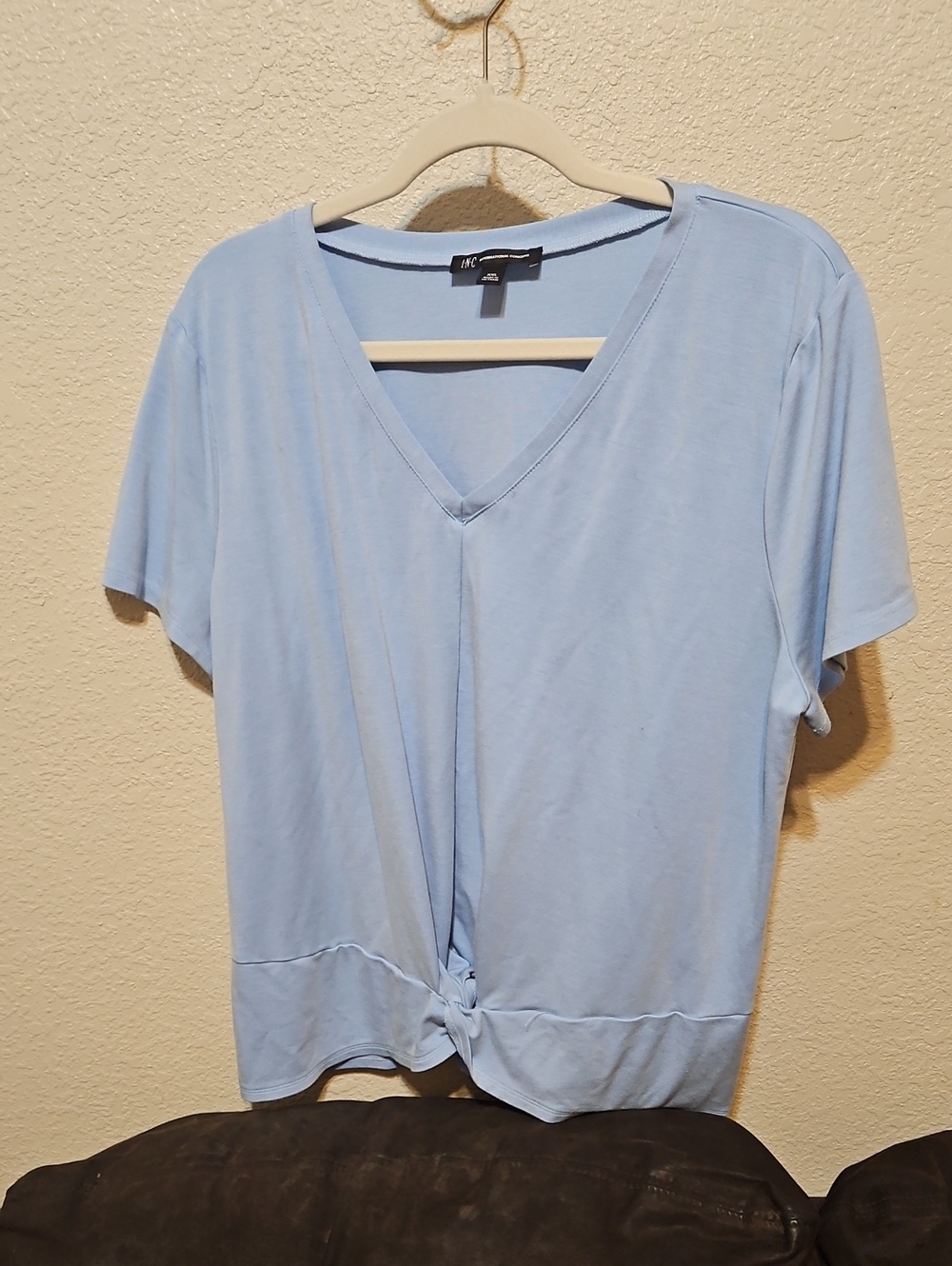 INC International Concepts Light Blue V-Neck Short Sleeve Knot Front Top